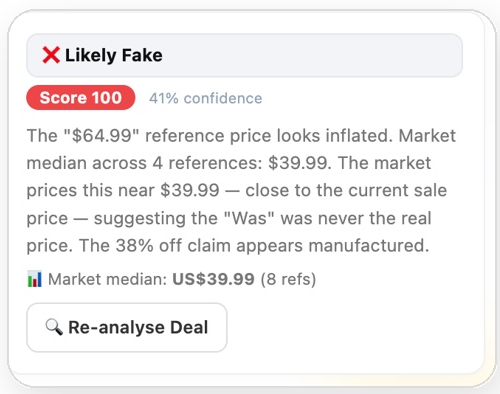 Fake deal detector showing a Likely Fake verdict with market median data